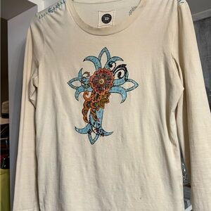 Cream Long Sleeve embellished double D ranch wear cotton, long sleeve shirt, XL